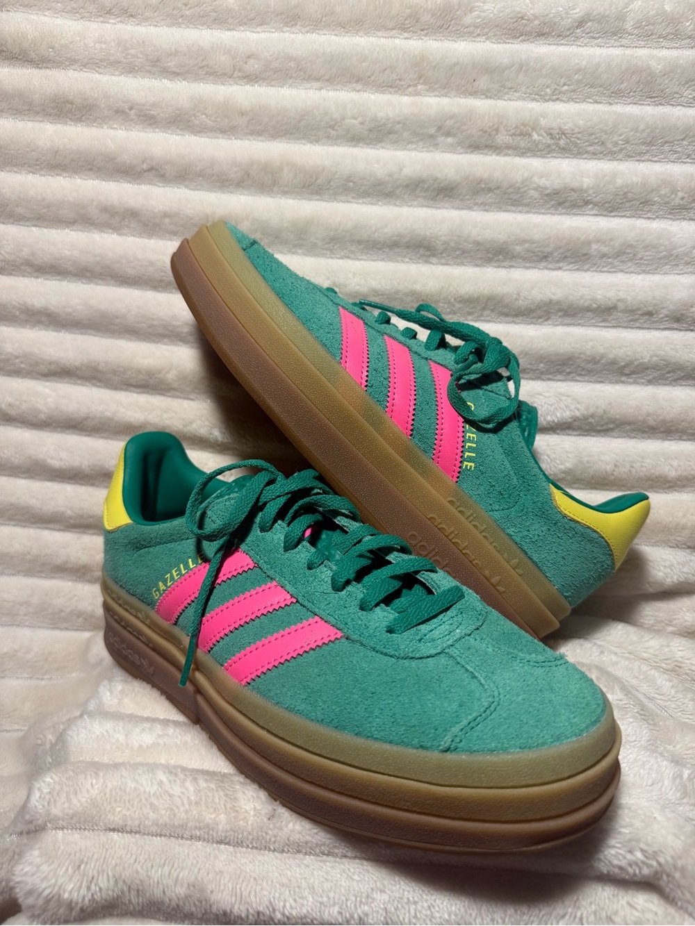 adidas Gazelle Platform Sneakers in Teal with Pink Stripes and Yellow Heel